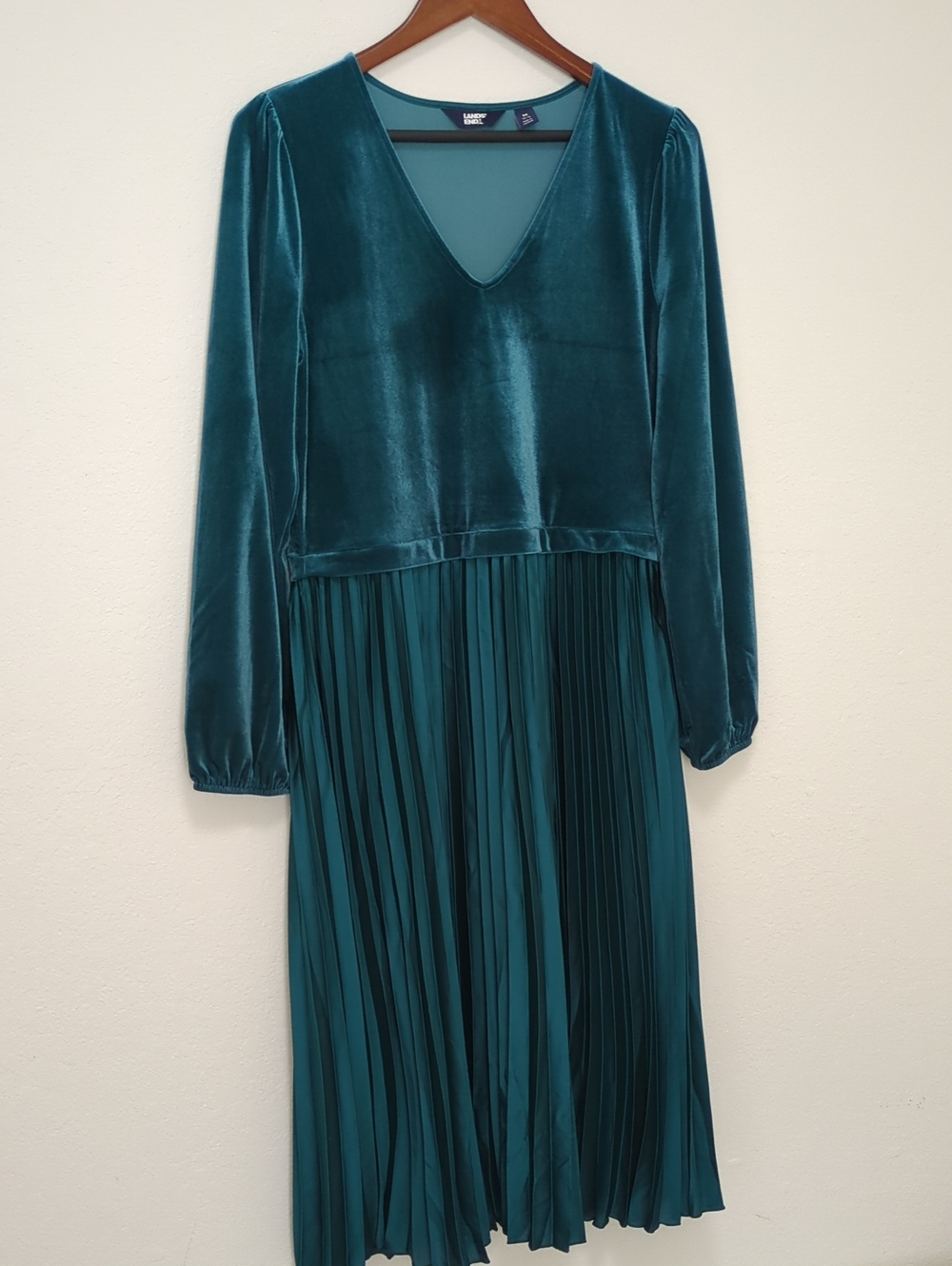 Lands' End Teal Velvet V-Neck Pleated Midi Dress